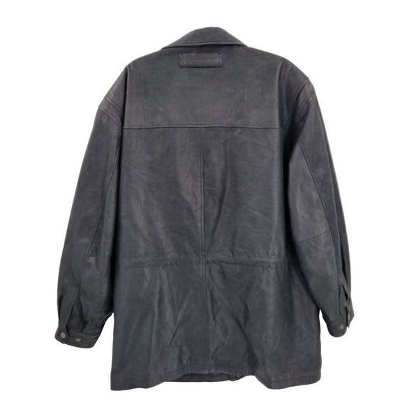 Vintage 80's John Ashford Leather Coat Anorak Jacket Collared Drawstring Black L - Picture 3 of 16